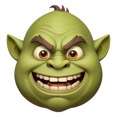 Cinematic Comical Ogre Portrait Emoji, with a strikingly exaggerated, bulky figure in vivid earthy greens and browns, head tilted in a dramatically surprised expression with wide, comically bulging eyes and a goofy, oversized grin, simplified yet hilariously exaggerated, highly detailed with a soft, cartoonish glowing outline capturing the playful absurdity of a meme-worthy ogre! sticker