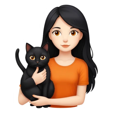 A black long haired girl holding a black cat and an orange long haired cat sticker