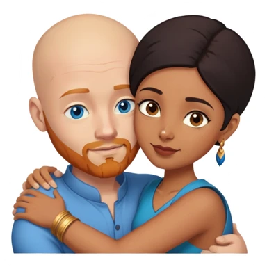 Bald white male with ginger beard and blue eyes hugging indian brown woman with short DARK black hair sticker