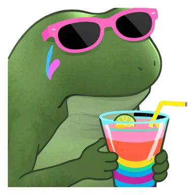 bufo frog with pink sunglasses holding a rainbow cocktail sticker