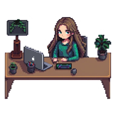 girl with long hair, only eyes visible above MacBook, working at a desk, pixel art style sticker
