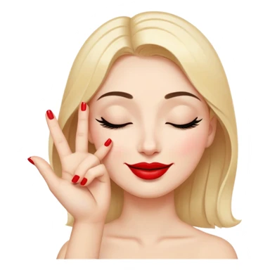 A smiling face with closed eyes forming upward curved lines, visible eyelashes, pursed lips with red lipstick, and a hand showing only the thumb out with all other fingers closed against the palm, painted nails sticker