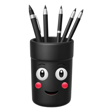 black pen holder cup with several black pens inside, emoji style sticker