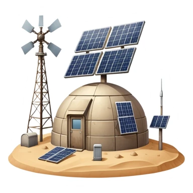 Desert outpost with solar panels and antennas sticker