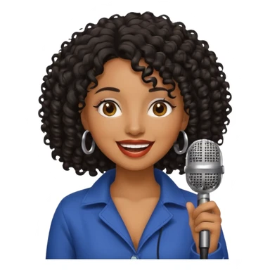 brown skin woman, curly black hair, singer, hold micro sticker