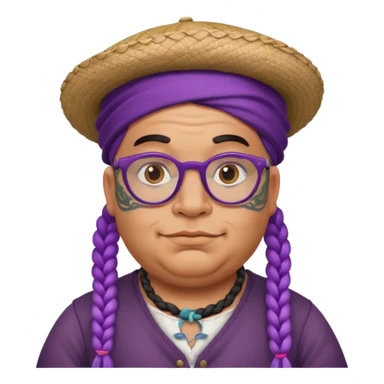 very tattoed face, normal glassess, fat venice gondolier with iconic hat and purple thick braided hair sticker