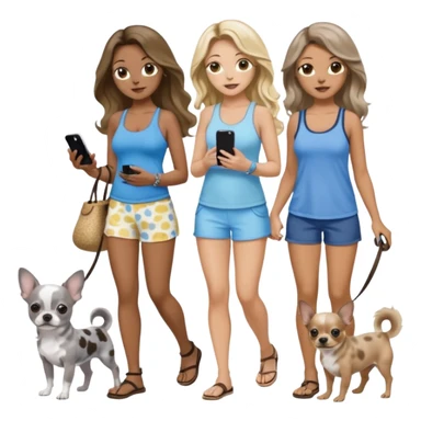 Three pretty women in beach clothes walking 2 dogs, blue and gray spotted Merle Frenchie and walking a black and tan chihuahua puppy, holding iPhone, hazel eyed light skin with dark blonde long hair and light skin hazel eyed long wavy dark hair, blue eyed light skin long blonde hair  sticker