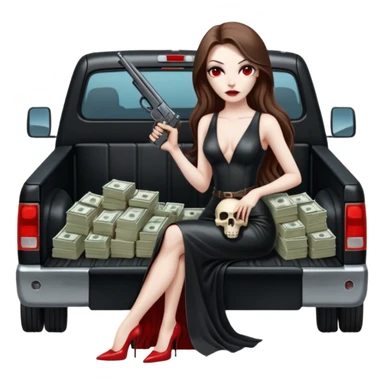 Lilith symbol red eye seductress evil long brown haired sexy succubus woman with leather long dress with slit on, sitting in Big Large F350 pickup truck. Back seat full of stacks of cash, she is  Holding a human skull of her enemies and a gun in other hand sticker