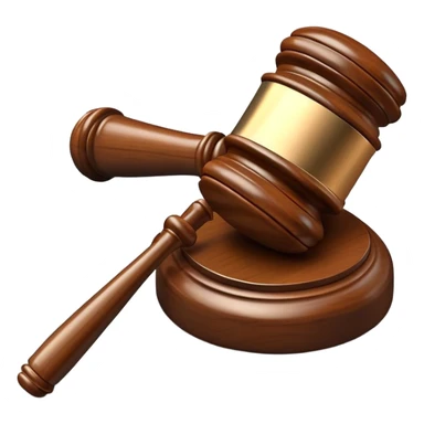 An emoji representing justice and penalty. A wooden judge's gavel striking a sound block, symbolizing a legal decision or punishment. The design is simple, 3D, and slightly glossy, resembling official court decisions sticker