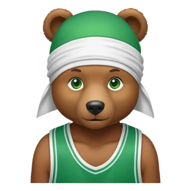 Cute brown bear with green eyes shown up to shoulders, wearing a white durag and black basketball jersey, visible upper chest and shoulders, iOS emoji style sticker
