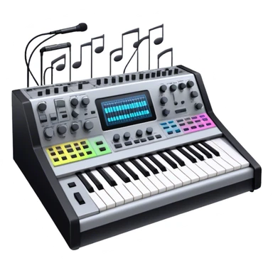 Create a professional and detailed emoji that represents sound design equipment. The design should feature a high-end Korg synthesizer, a sound mixing console, and a control panel with audio cables connecting to large studio speakers. Surround the equipment with sound waves made of musical notes to symbolize the creative process of shaping sound. Use sleek colors like silver, black, and neon accents to highlight the high-tech nature of the equipment. The background should be transparent. sticker
