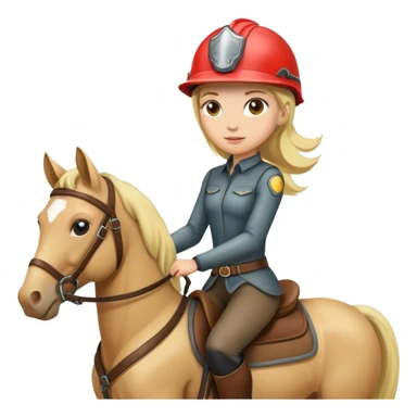 A blonde haired women with a helmet riding a horse sticker