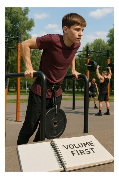 Atleta neofita giovane in un parco attrezzato per streetlifting, fisico ancora in fase iniziale. È intento a eseguire molte ripetizioni di esercizi a corpo libero con pesi leggeri (zavorra moderata), come trazioni e dip su parallele. Accanto a lui un taccuino di allenamento con la scritta 'Volume First'. L’atmosfera è luminosa e motivante, con altri atleti più muscolosi che sollevano carichi pesanti, ma lui è concentrato sul gesto tecnico e sulla costanza. Stile realistico, colori naturali, messaggio educativo su priorità all’adattamento progressivo e al volume. sticker