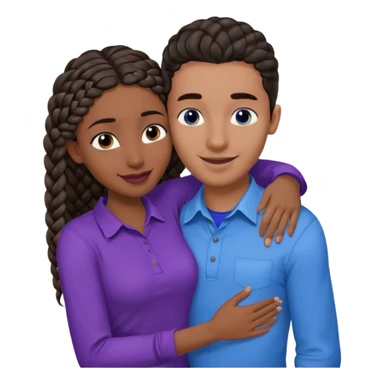 Boyfriend who is middle Eastern olive skinned with blue eyes and wavy straight brown hair in a blue shirt and his African girlfriend who is very black skinned, juicy lipped with black braided hair and the two are hugging and smiling hugely she’s wearing purple and she has black eyes sticker