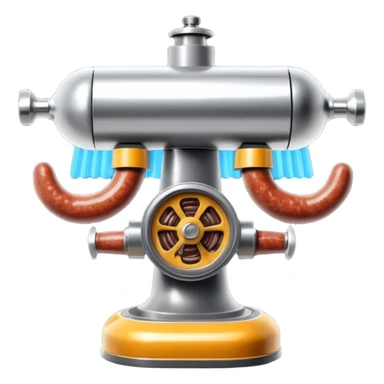 sausage-processing droid. retro-futuristic style. top is a circular industrial meat grinder with rotating gears and blades. Two robotic arms feed material into grinder. Sausage links extrude from the rear like  factory. The body is metallic, compact, and floats above the ground.no legs. Dark humor sticker