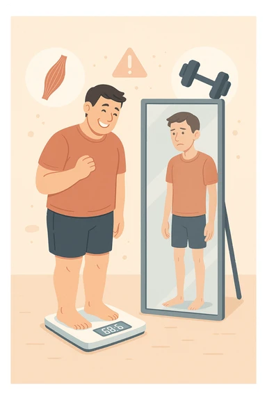 a man stands on a scale, smiling at the lower number, but his reflection in a nearby mirror shows a thinner, but also visibly weaker and less muscular body. Around him, floating icons or faded images of muscle fibers and dumbbells highlight the overlooked loss of muscle mass. The mood is cautionary and educational. in italiano sticker