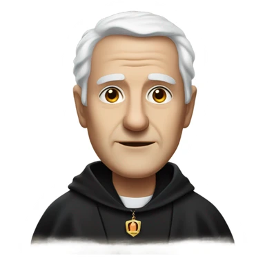 "An middle aged man with thinning white hair, a weathered face, and a solemn expression. He wears a black robe with a clerical collar and holds a Bible or rosary, standing in a modest church." sticker