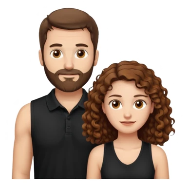 Criar Casal - Homem branco de cabelo liso e olhos marrom, com barba, expressão séria usando camiseta polo preta e mulher de pele branca cabelo cacheado marrom longo e olhos mel, usando uma regata fina branca, quero ela sorrindo sticker