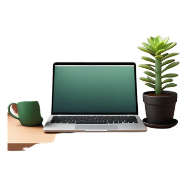 A tidy desk with a laptop, a steaming cup of coffee, and a small green potted plant, showing an organized and inspiring workspace sticker