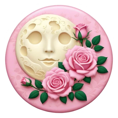 A round pink button with a light cream full damask moon and pink roses in the center sticker