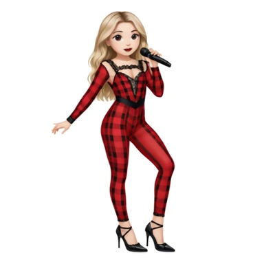 Sabrina carpenter singing at concert wearing a black and red plaid bodysuit a red sheer top covering the bodysuit, a strip of black lace around her leg, black sparkle heels. there is a  huge crowd and light pink stage setting  sticker
