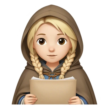 girl with blond braids wearing a tunic and a cloak with a hood over her shoulders holding a sheet of paper, medieval age sticker