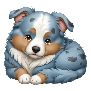 Cinematic Chubby Sleeping Blue Merle Australian Shepherd Portrait Emoji, Chubby and serene, with a round, adorable build and a soft blue merle coat accented by crisp white patches, eyes gently closed in peaceful slumber, Simplified yet irresistibly endearing features, highly detailed, glowing with a gentle, dreamy glow, high shine, relaxed and content, stylized with a touch of whimsy, bright and heartwarming, soft glowing outline, capturing the essence of a blissfully sleepy herder, so comically serene it feels like it could roll out of the screen and snore with adorable charm! sticker
