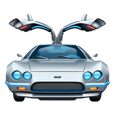 Retro-futuristic hover car inspired by the DeLorean, gullwing doors, silver metallic body with blue-tinted windows, stylized jet boosters in the back, flat vector style, outlined shapes, minimal design sticker