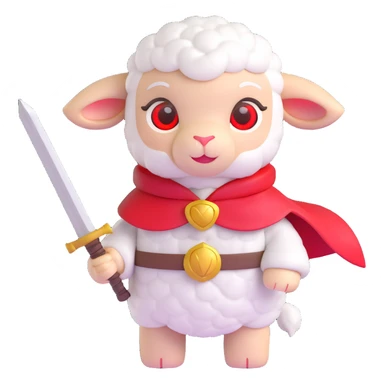 cute cartoon lamb with white wool, gray face, red glowing eyes, small horns, wearing a red cape with a yellow bell, holding a large sword sticker