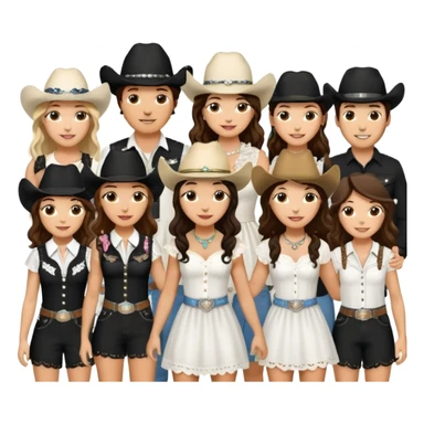 Group of 18 friends at Coachella music festival with brunette bride wearing all white and everyone else wearing all black cowgirl and cowboy theme (8 girls, 10 guys) and one mini goldendoodle sticker