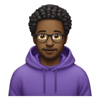 Black Young man and glasses and little beard mustache working in digital space with locs and purple sweatshirt sticker