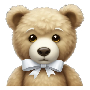 A fluffy teddy bear with a white bow sticker