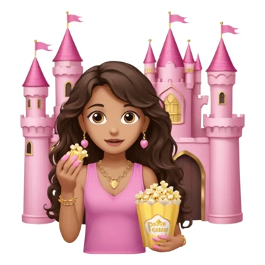a woman with long dark brown  beachy wavy hair with light brown big eyes wearing pink vest top gold necklace baby pink nails and gold stud earrings with a pink castle fantasy in the background while eating popcorn  sticker