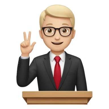 A professional clean-shaven man in a dark business suit and red tie standing behind a wooden podium, speaking confidently. A small microphone is placed on the podium. The man has glasses, a friendly smile, and open hand gestures. Soft studio lighting, neutral dark background, realistic emoji style. sticker