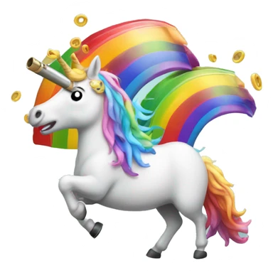 unicorn with a shotgun barrel as a horn throwing up a rainbow sticker