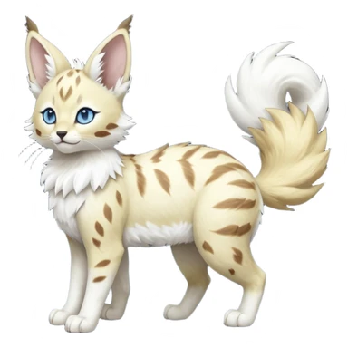 Albino-white, blue-eyed soft natural realistic romantic vintage antique divine beautiful elegant pretty precious cute young youthful  Fakémon-Pokémon-feline-Zeraora-Jolteon-serval-caracal-chinchilla-Minccino-Cinccino-Meowstic-rodent-hybrid-creature with a big fluffy bushy tail (full body) sticker