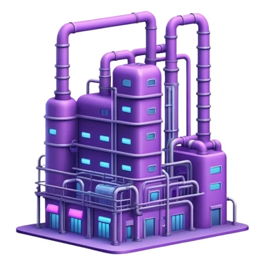 AI-powered factory. It should be a building with pipes. Add light violet neon glowing symbolizing power of AI sticker