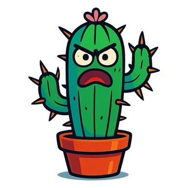 colorful cartoon cactus plant with spines, tall and thin shape, angry expression sticker
