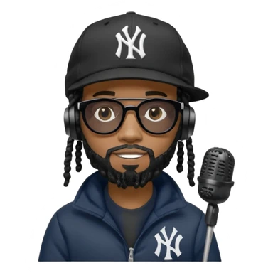 African American man with shoulder length black dreadlocks with black beard wearing black sunglasses wearing a New York Yankees logo baseball cap wearing a all dark black bubble winter coat wearing headphones rapping into recording studio microphone with a mic cover sticker
