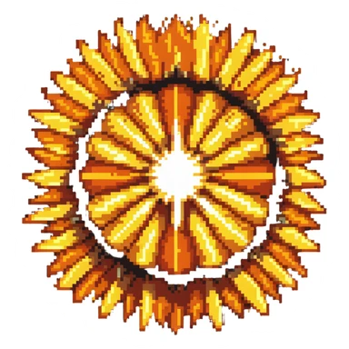 Bomberman explosion center tile, bright fiery explosion core with yellows and oranges radiating from center, 90% of tile with subtle glow effect, clean pixel art edges, slight transparency at edges sticker