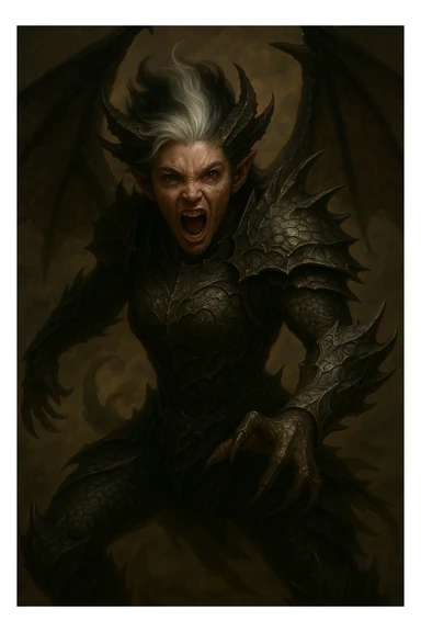 Make the character a girl, keep hybrid human-dragon features, with silver hair fading to black at the top, in a dynamic pose. Capture the energy and movement of the pose with the hybrid fantasy elements. sticker