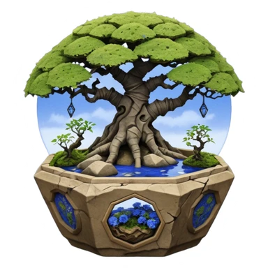 Alien spacecraft hanging-vines landscape mudman very old broken cracked intricate Stone Age rocky-crusted irregular dodecagon-shaped shallow dark moss rough bark blue willow flowered maple tree bonsai pot sticker