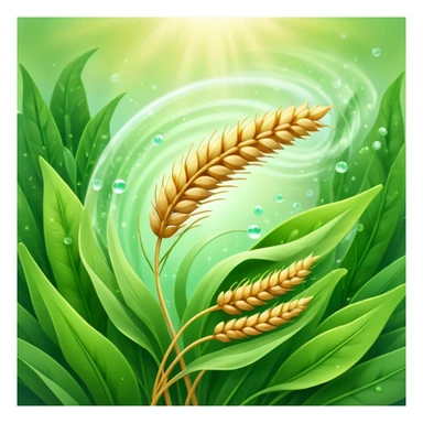 Golden wheat ear floating among green leaves and bright particles, spinning around an ethereal digestive system with soft light texture, while subtle cleansing waves pass through the air like a purifying spell sticker