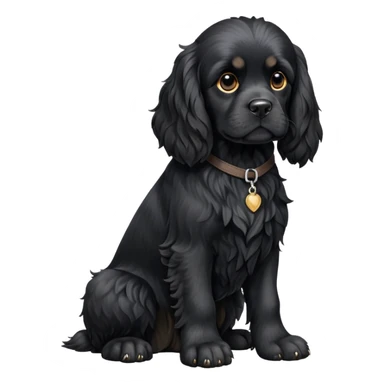 cinematic-[black cocker spaniel dog]-realistic-full-body-sitting-emoji,-tail-resting-loosely-beside-its-paws,-head-tilted-dramatically,-scruffy-[solid black]-fur,-simplified-yet-realistic-focused-features,-highly-detailed,-glowing-with-an-almost-sarcastic-glow sticker