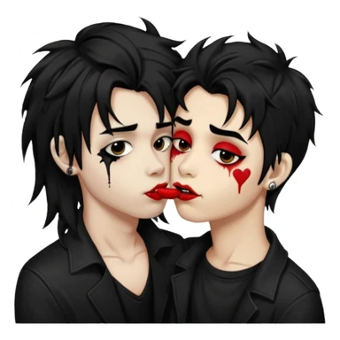 Laughing pale Goth boy with a bunch of face piercings, with shaggy dark brown hair, and messy black eyeliner , smudged, red, lipstick , kissing tan boy with long black hair  sticker