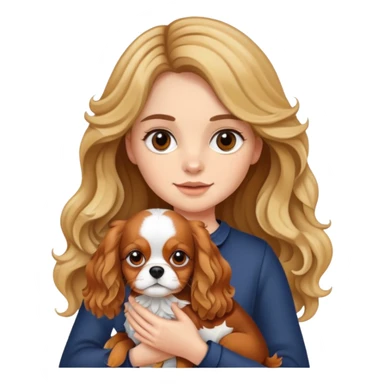 Girl with fair skin, long and brunette wavy hair with blonde highlights, holding a cavalier king dog sticker