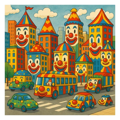 a cityscape where all buildings and vehicles have clown faces and circus colors, playful and absurd sticker