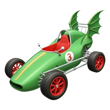 Special air-cooled three cylinder race car whose frame and suspension is made of shopping cart material with a large gas tank, and rear spoiler, is being professionally steered/driven by a small dragon  sticker