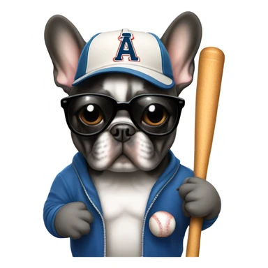 A French bulldog with a baseball bat and a baseball cap on with dark sunglasses sticker