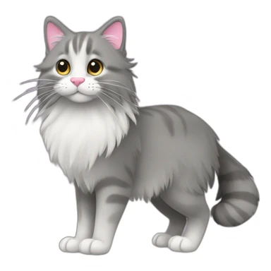 grey norweigian forest cat walking profile long whiskers furry and fluffy including the tail white front and back paws round big eyes a pink nose small ears sticker